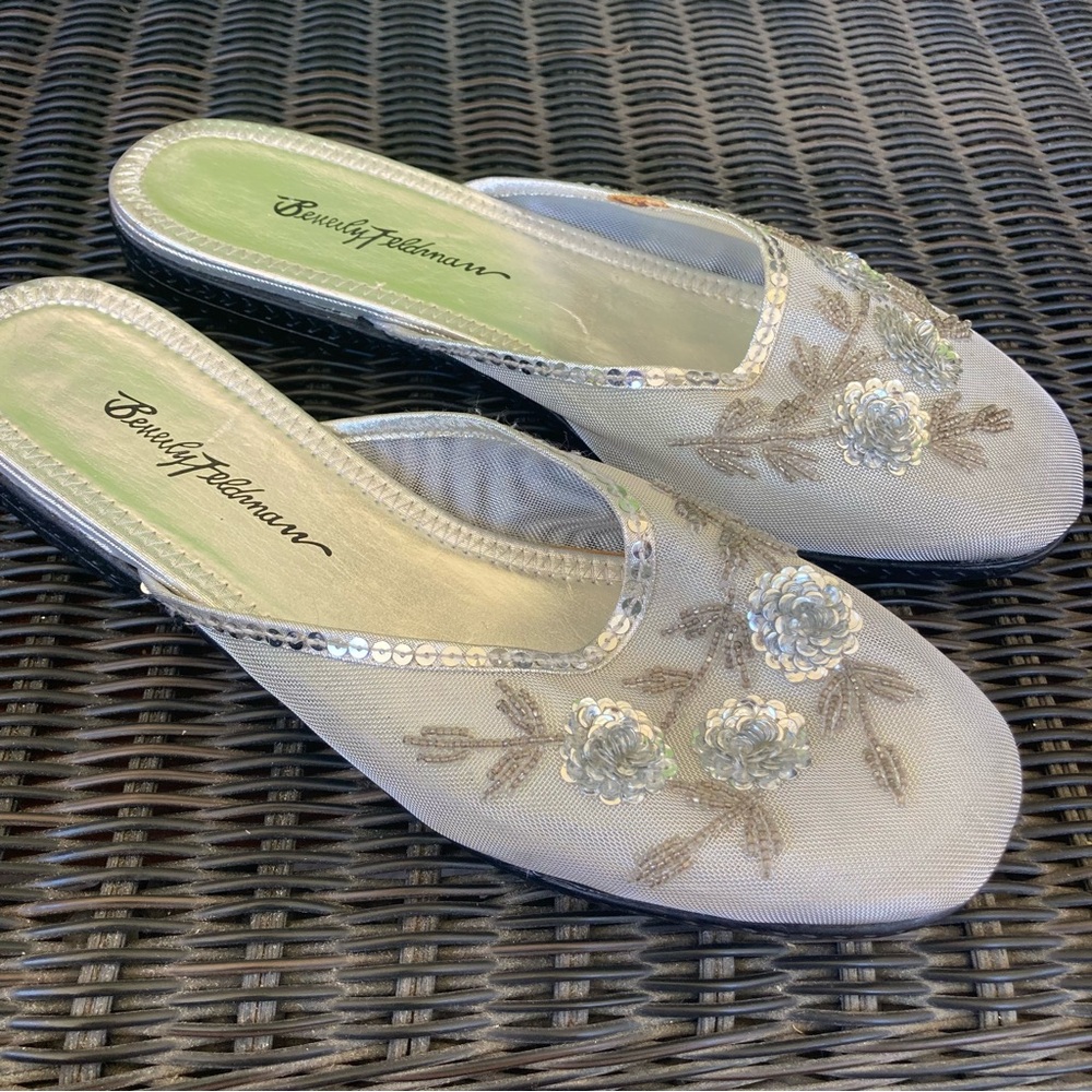 Beverly Feldman Silver Embellished Slippers